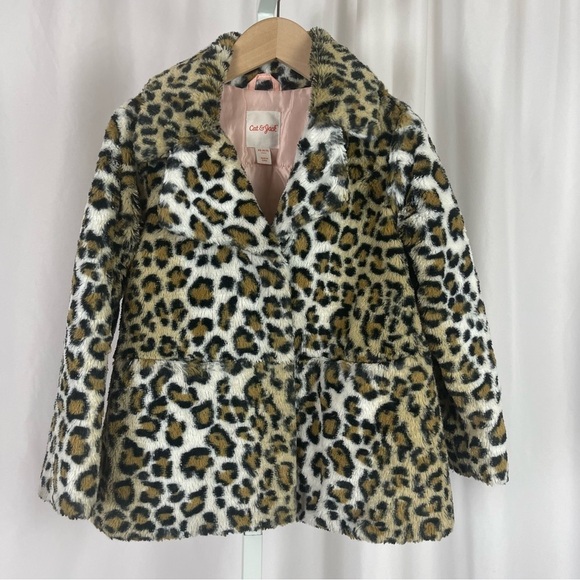 Cat & Jack XS 4/5 Faux Fur Cheetah Print Winter Pea Coat Animal Print Warm - Picture 1 of 8